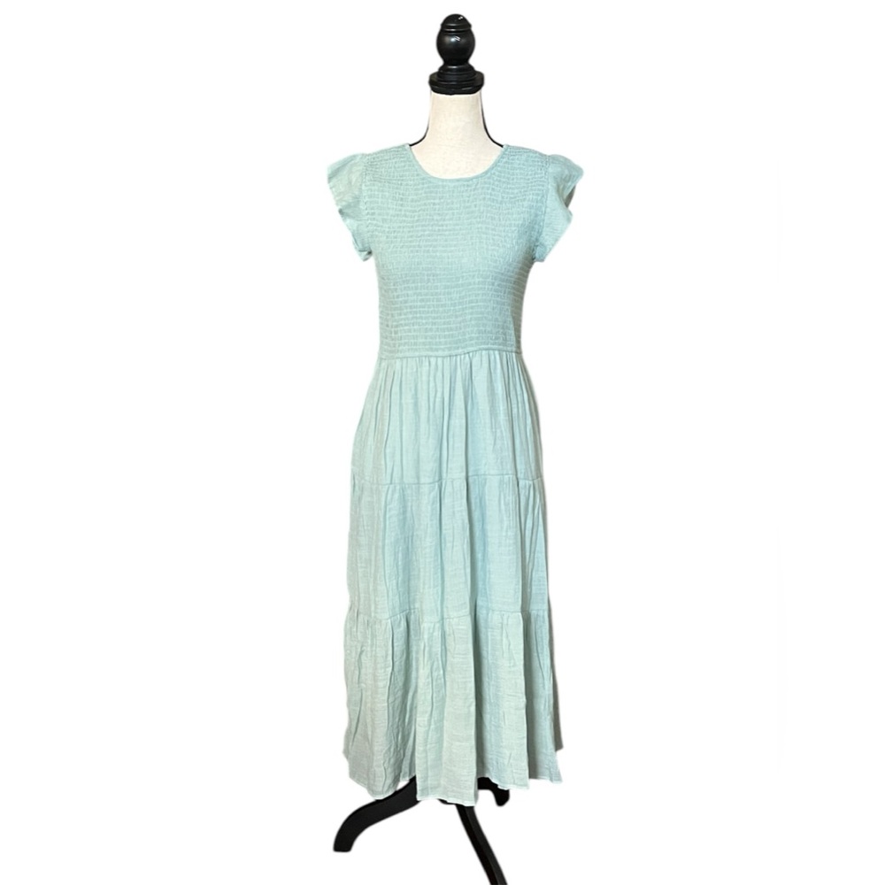 By The River Anthropologie Tiered Midi Dress Green Large Flutter Sleeve NWOT
